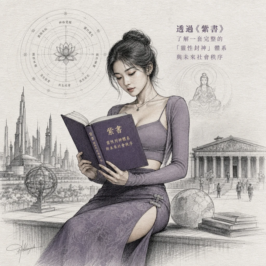 ▲創建圖畫,
財經/觀點版插畫,鋼筆線條素描筆觸,極簡主義構圖搭配紋理疊加,
社論插畫、極簡主義、紋理疊加、洗練的配色、巧妙的隱喻、類似華爾街日報的政論插畫風格。
清晰的鋼筆筆觸、細膩素描線稿、
線條疊色
細膩交叉排線（Cross Hatching）
細節刻畫
手工繪製質感
色調柔和
部份邊緣適當留白或適度淡化,
並且使用MBM素描紙,高品質的進口素描紙。纖維略長且質地結實，紙面有明顯且獨特的橫條紋理，耐摩擦、抓粉力極強，

▲畫面搭配一名女子,這名女子的服飾穿搭：
High Stretch 2pcs/Set Casual Solid Color Knit Cropped Camisole & Long Sleeve Fitted Cropped Top For Women,Photochromic Fabric,Chinese Style Slim Fit Design Women's Skirt With Hidden Floral Texture, Slit Hem And Buckle Decoration

▲畫面故事呈現的意境：
讀者將透過<紫書>來了解一套完整的「靈性封神」體系與未來社會秩序。


, Realistic style