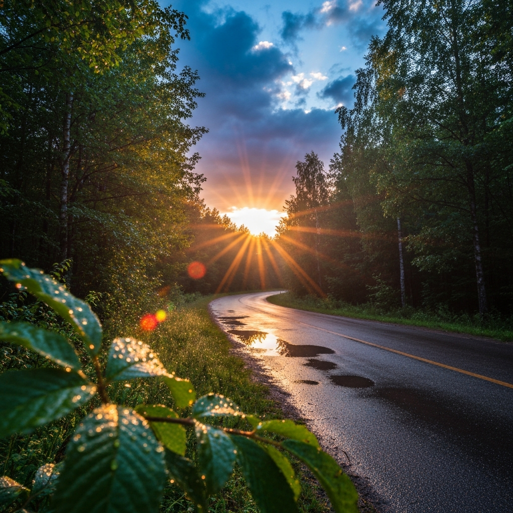 A forest at dusk on a summer evening, after the rain has cleared. The low-angled setting sun pierces through thick clouds, creating strong Tyndall effect beams. The world is moist and fresh; glistening water droplets cling to the leaves in the foreground, refracting brilliant light. A winding asphalt road serves as the midground, its puddles reflecting the azure sky and golden-red sunset. A thin mist hangs in the air, and the colors are highly saturated. Photography style: Ultra HD, 8K resolution, cinematic lighting, wide-angle lens., Realistic style