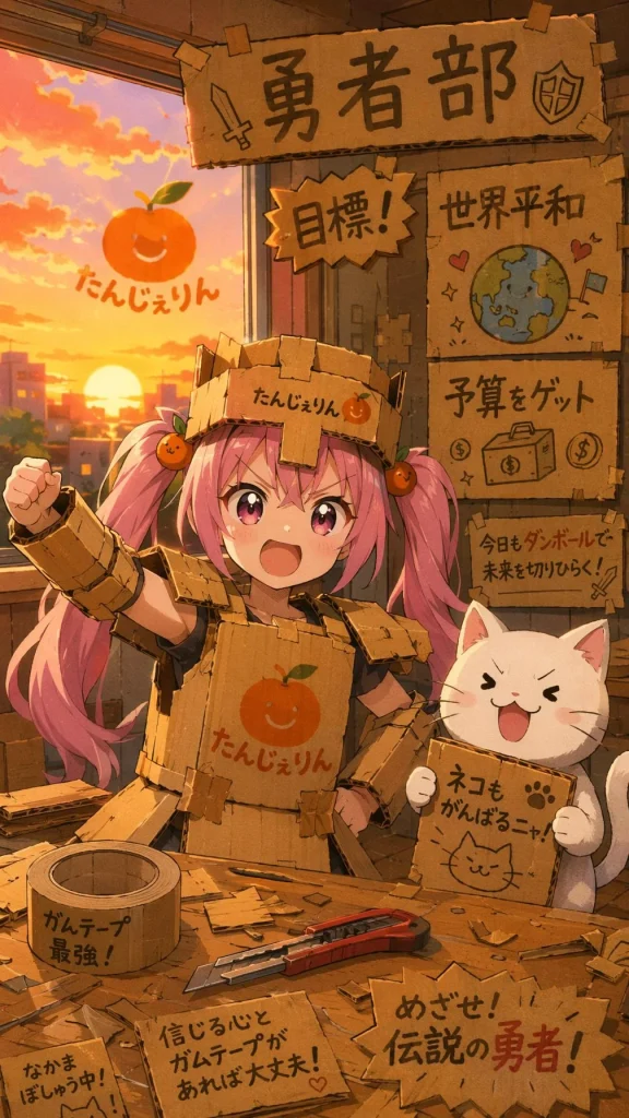 A pink-haired anime girl wearing cardboard armor and a smiling kitten holding a sign