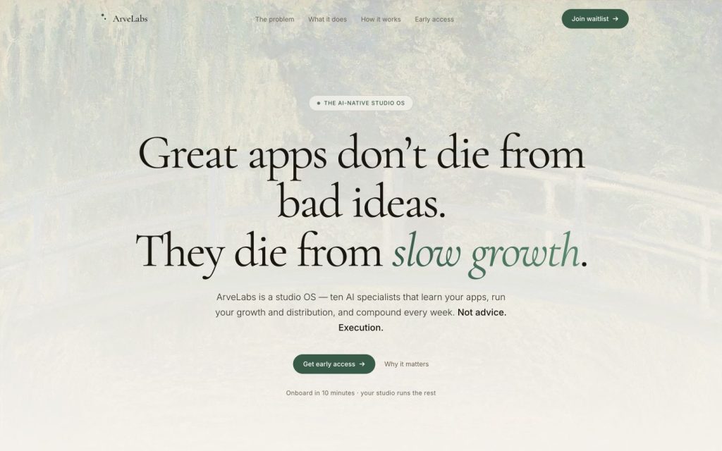 Arve Labs AI studio OS landing page generated by PageVera