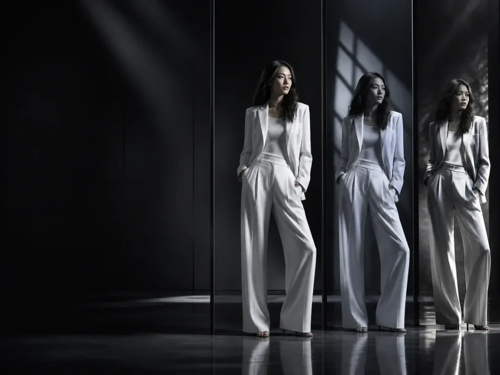 Grok Imagine campaign workflow with mirrored white-suit fashion variants