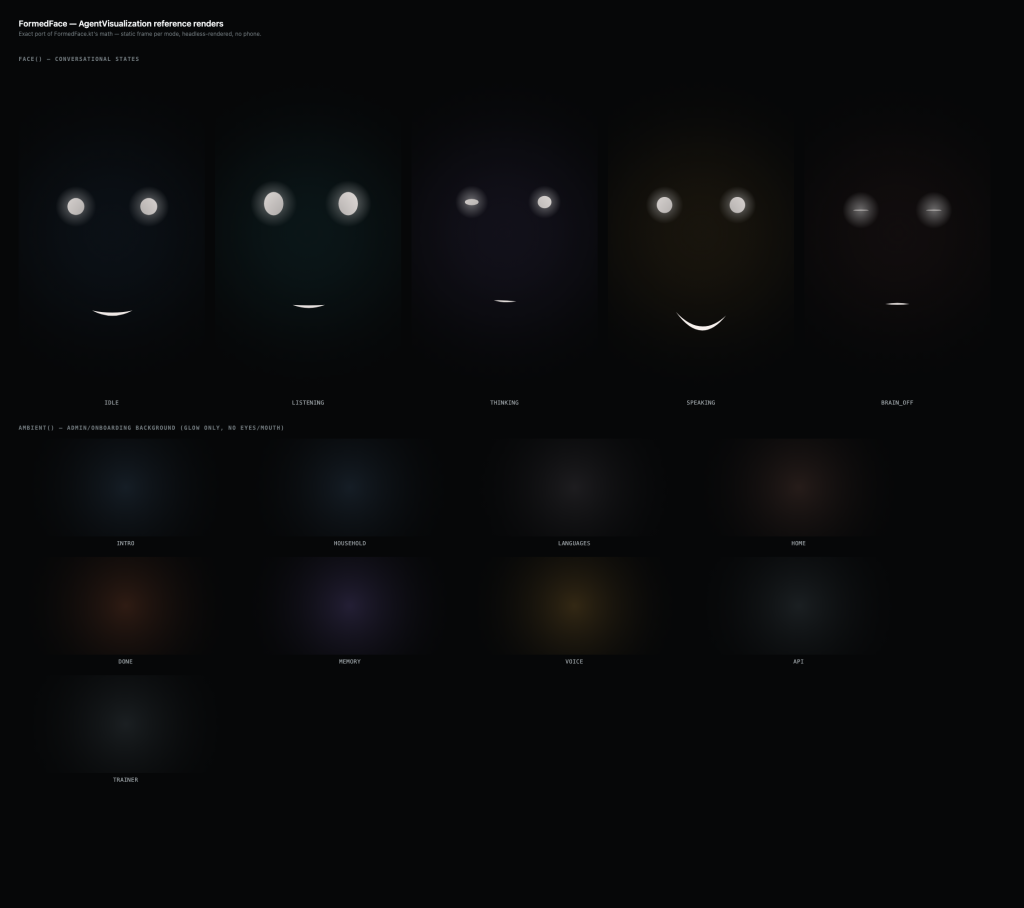 Face — all 5 conversational states and all 9 Admin/onboarding categories