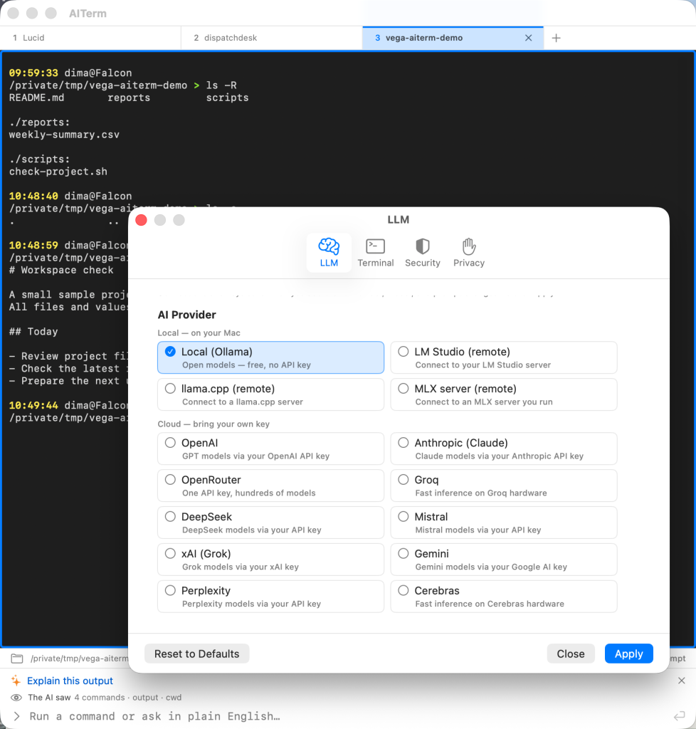 Actual AITerm settings showing local Ollama and cloud provider choices including OpenAI and Anthropic