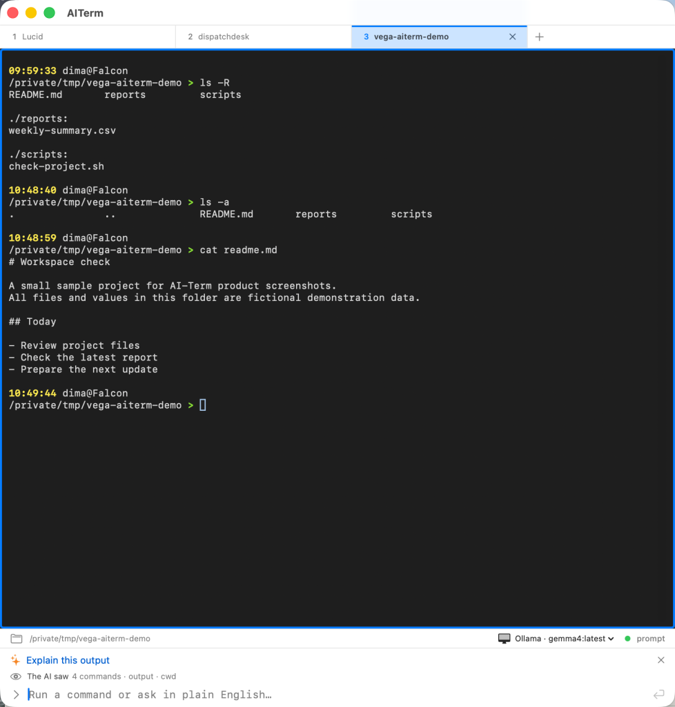 Actual AITerm app showing a sample project, terminal tabs, command output, and the plain-English input bar