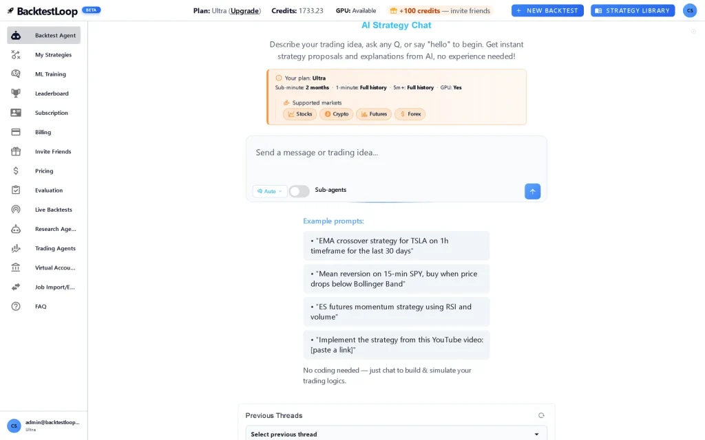 Describing a strategy to the BacktestLoop AI chat