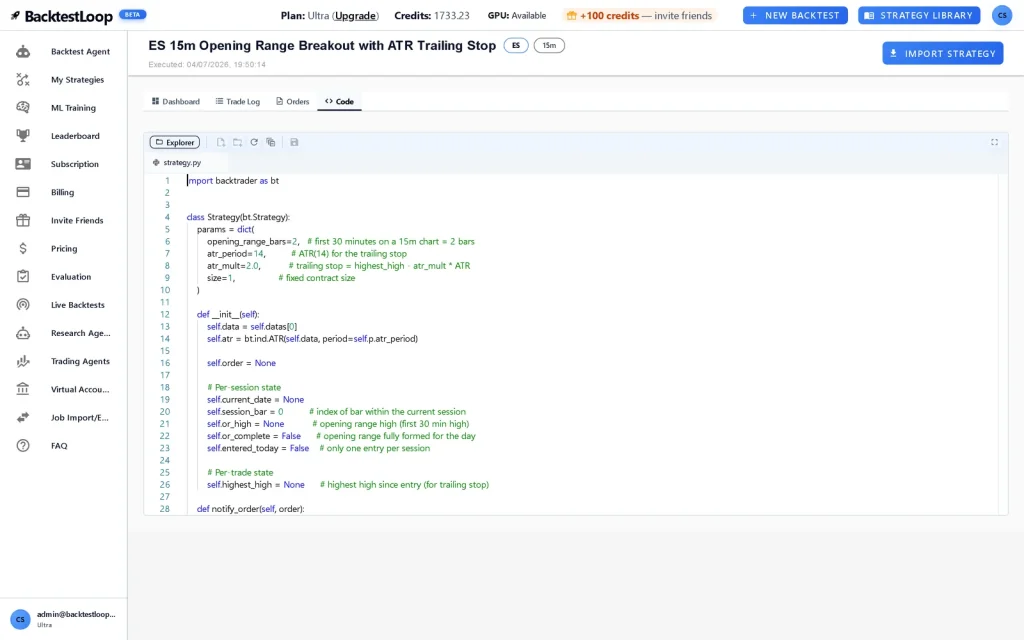 Generated Backtrader Python in the BacktestLoop editor