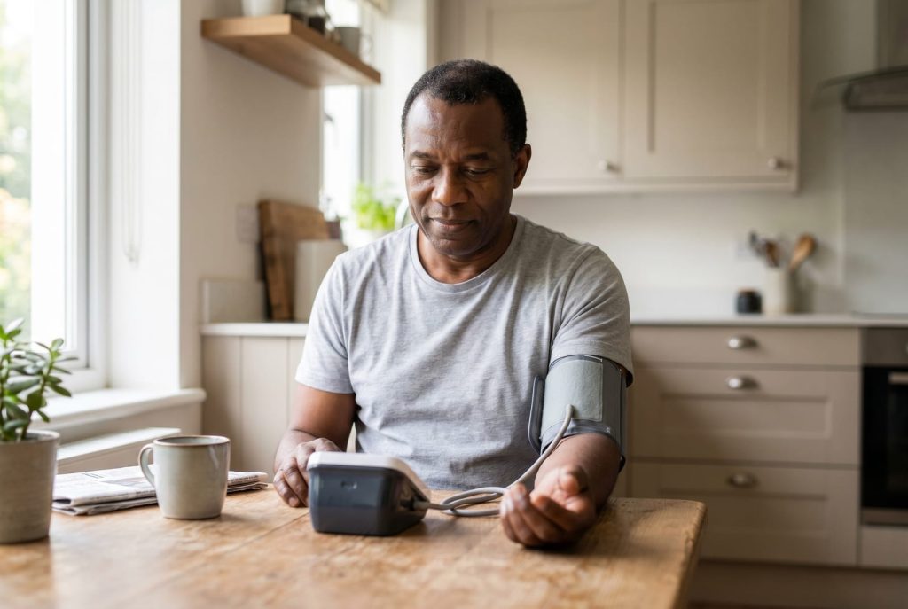 Woman at her kitchen table in morning light, a home blood pressure cuff on her arm, checking the reading - AI-generated