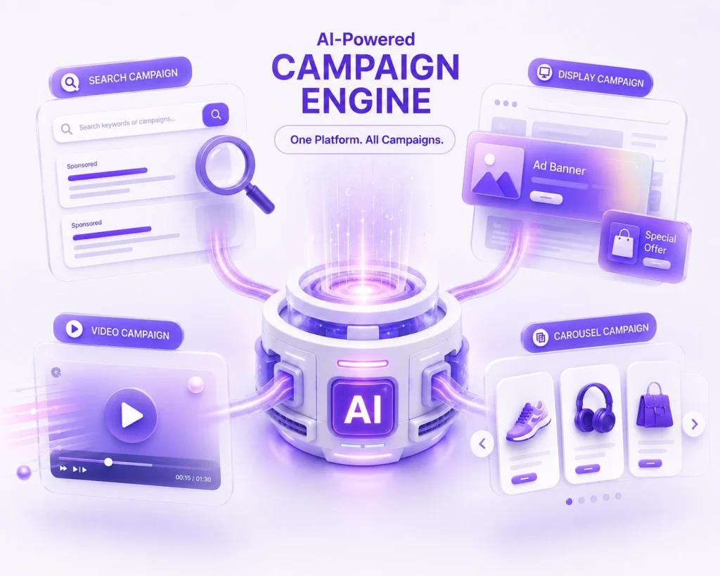 AI-powered campaign engine across search, display, video, and carousel