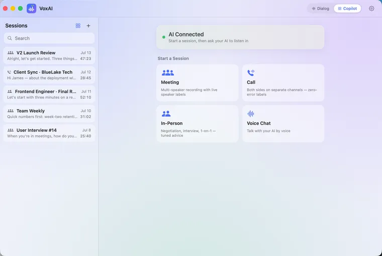 VoxAI home with four conversation scenes and a connected AI copilot