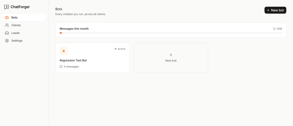 ChatForger agency dashboard showing a bot list and usage