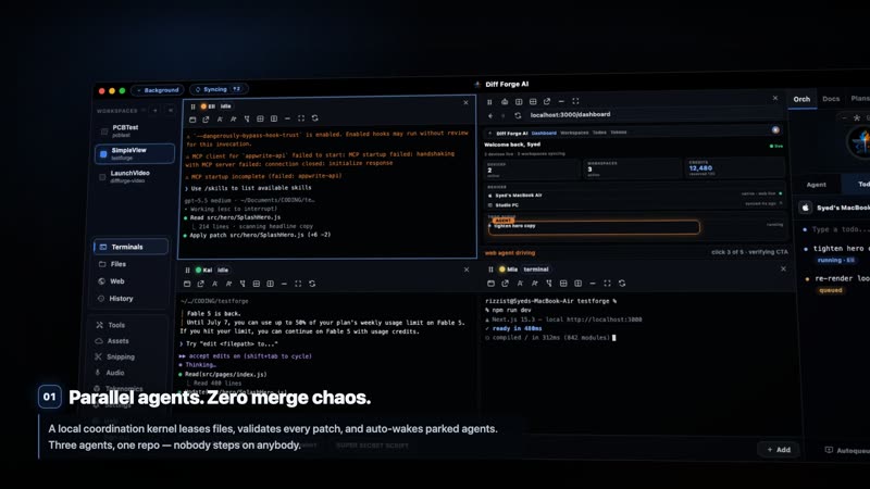 Diff Forge AI desktop app running three coding agents in parallel