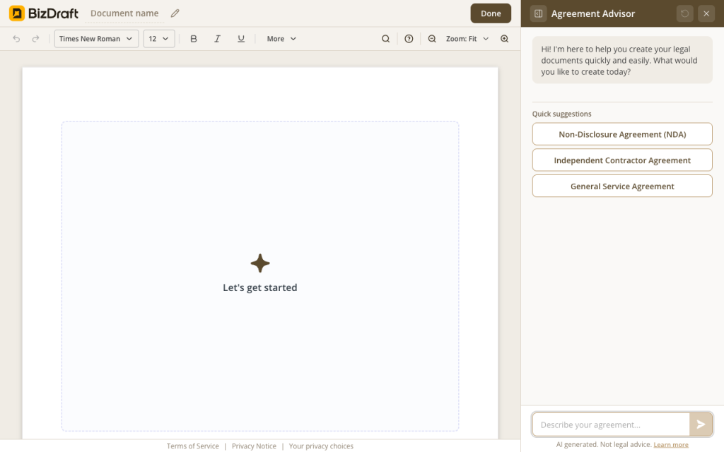 BizDraft editor first-state screen with an empty document canvas and the Agreement Advisor right rail open, prompting «What would you like to create today?» with three quick-suggestion buttons — Non-Disclosure Agreement, Independent Contractor Agreement, General Service Agreement.