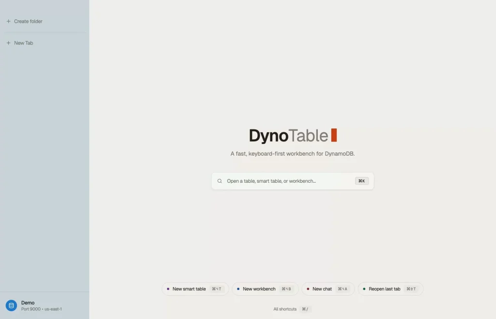 The DynoTable DynamoDB GUI at its start screen — a ⌘K bar to open a table, smart table, or workbench, with the active profile and region pinned to the sidebar.