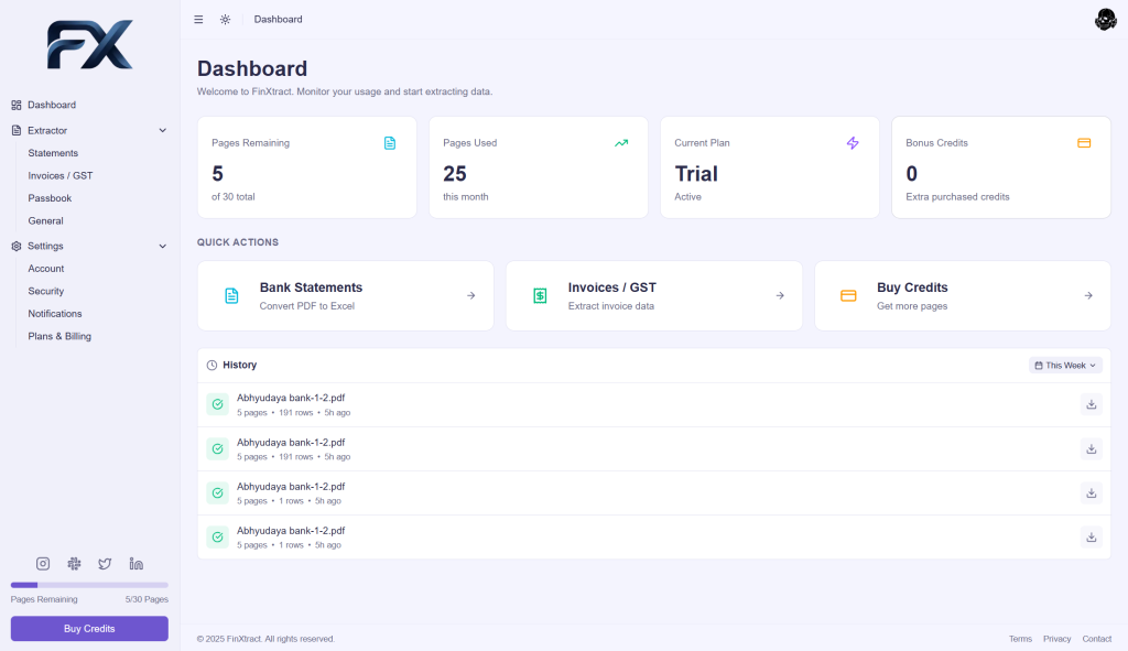 FinXtract dashboard showing AI-powered bank statement extraction, invoice processing, and Tally export interface