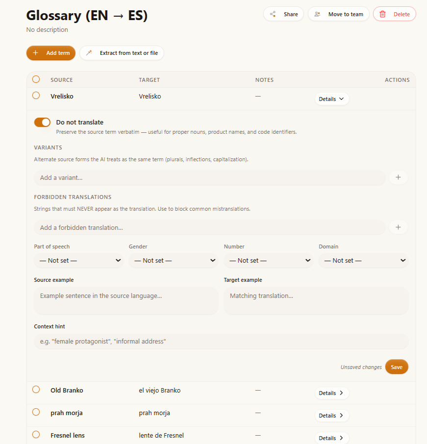 Transept editor with glossary panel showing term mappings