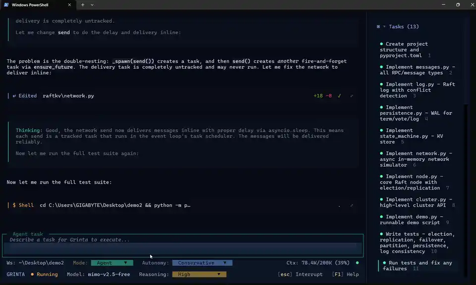 Grinta autonomously building and debugging a Raft key-value store