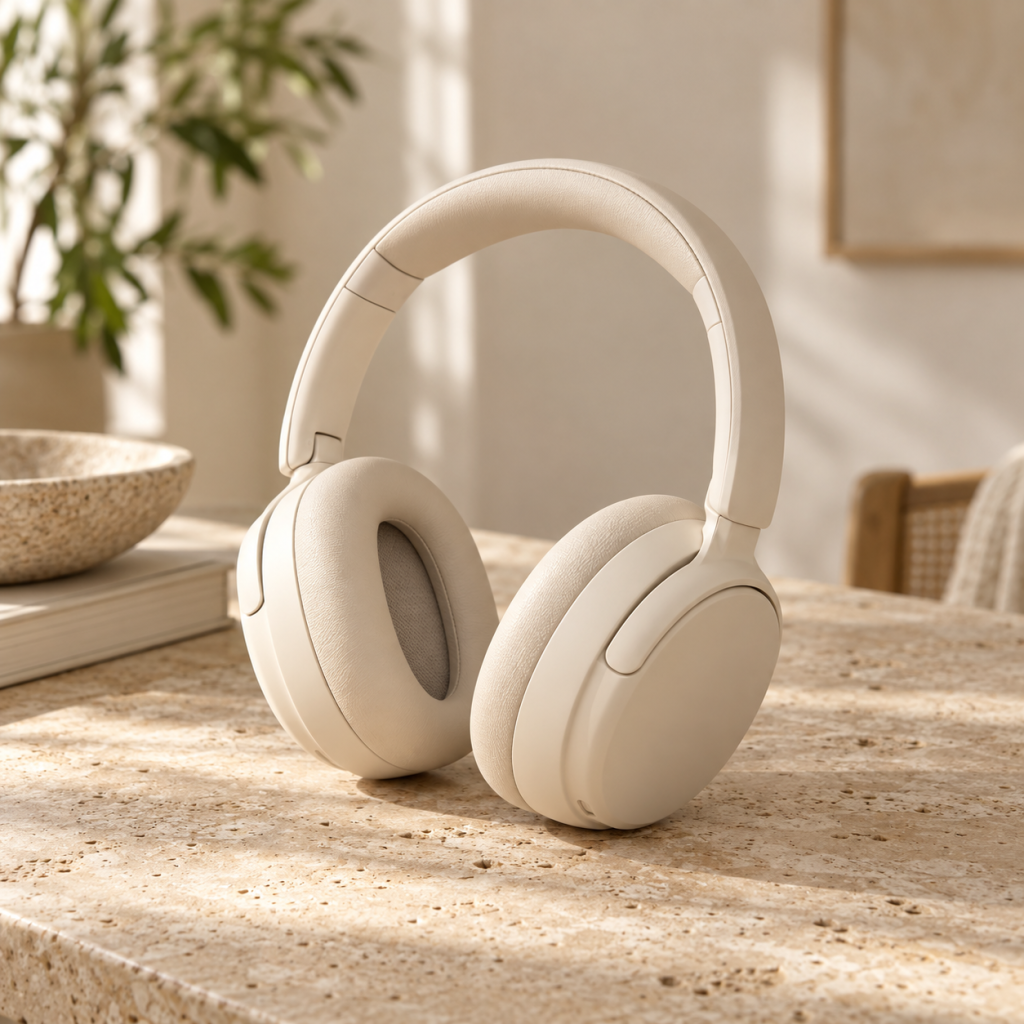 Illustrative ivory over-ear headphones on a warm stone surface