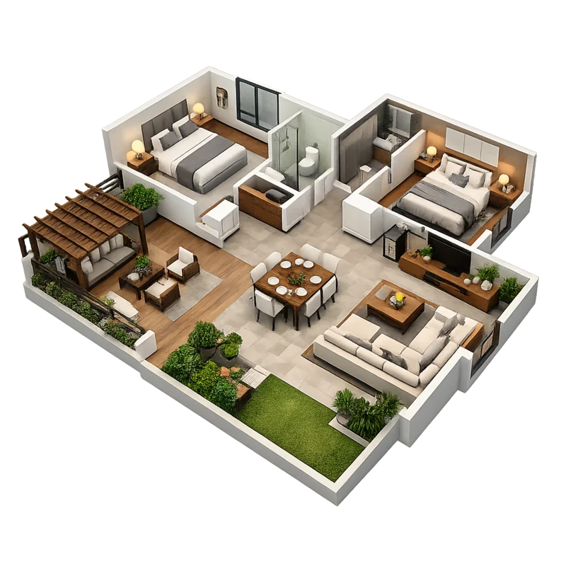 AI-generated isometric 3D floor plan — luxury 3-bedroom villa with open living area, dining, kitchen and terrace garden