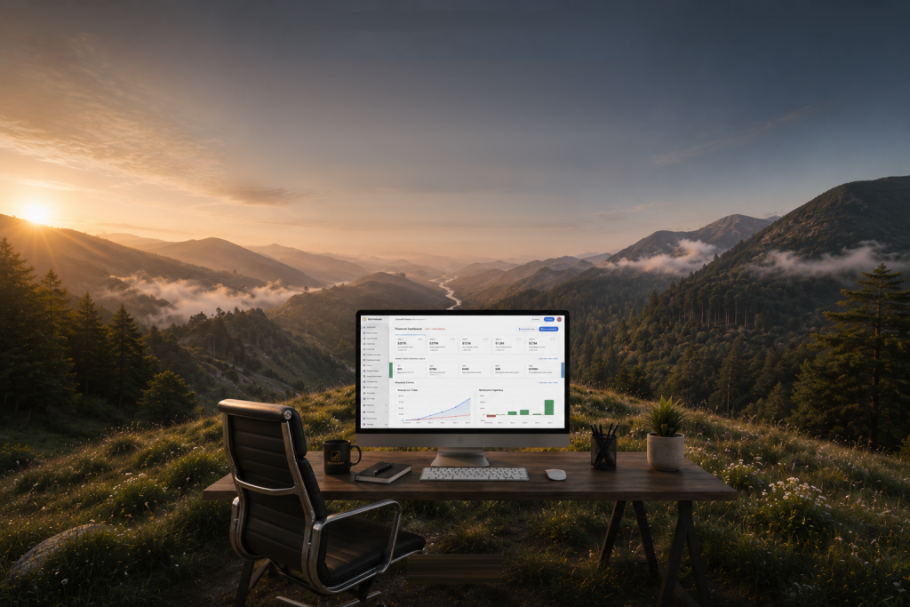 BizFinModel financial dashboard on a computer overlooking a mountain landscape at sunrise