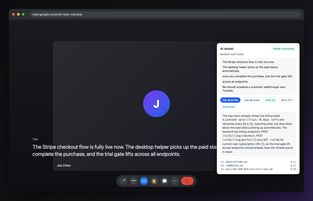 AI Assist overlay in a Google Meet call — live captions on the left, on the right the AI Assist panel with recent captions, a grounded answer, and citations to local files.