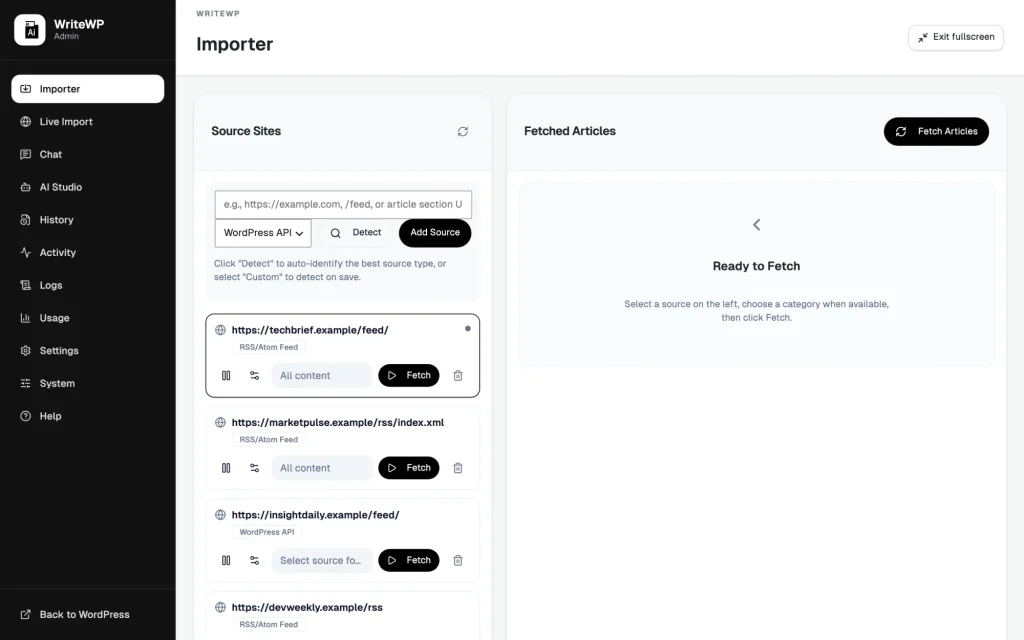 WriteWP Importer screen inside WordPress, showing connected RSS and WordPress sources ready to fetch and rewrite