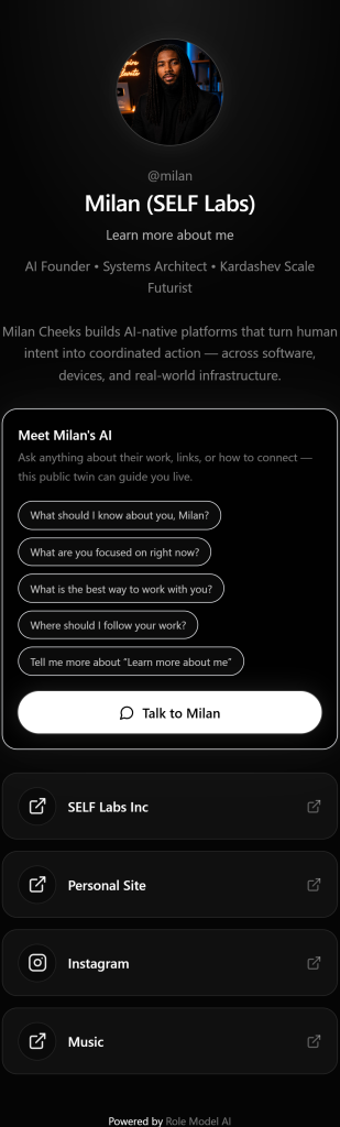 Living bio on rolemodel.ai/@milan — Talk to Milan, suggested questions, and links