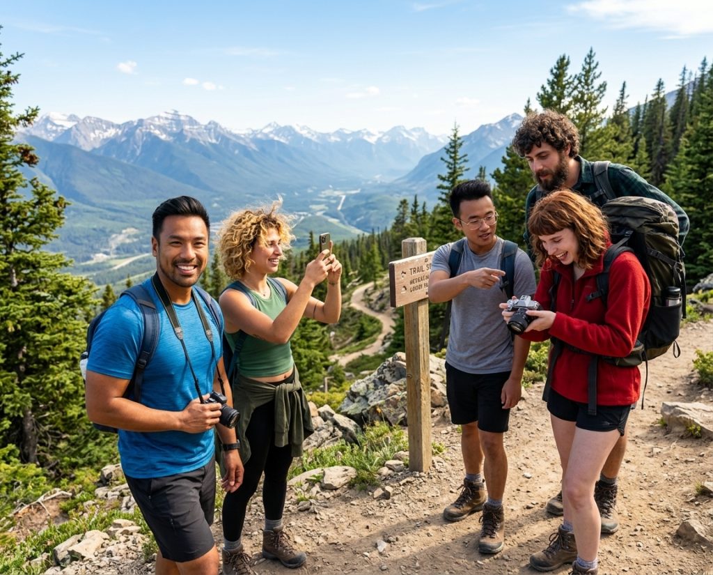 My friends and I, hiking in nature together, enjoying the views and taking pictures.