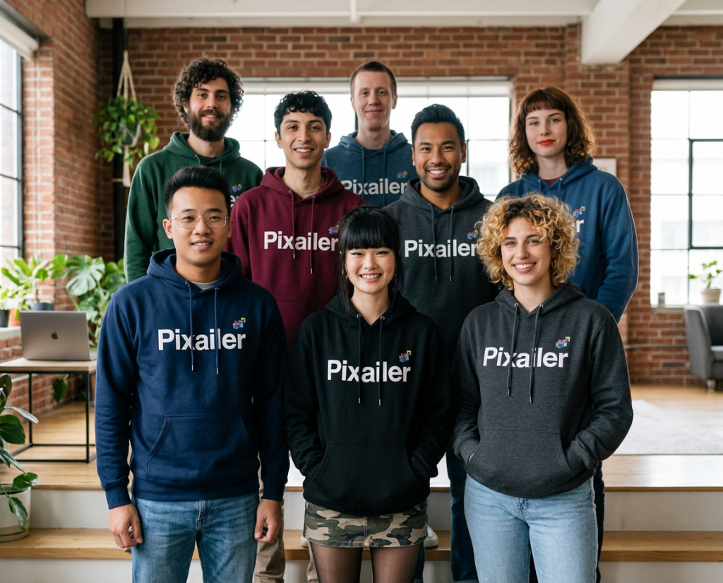 This is our remote team. Create a group photo for the 'About Us' webpage. Everybody is wearing a hoodie with the company name, 'Pixailer', on it.