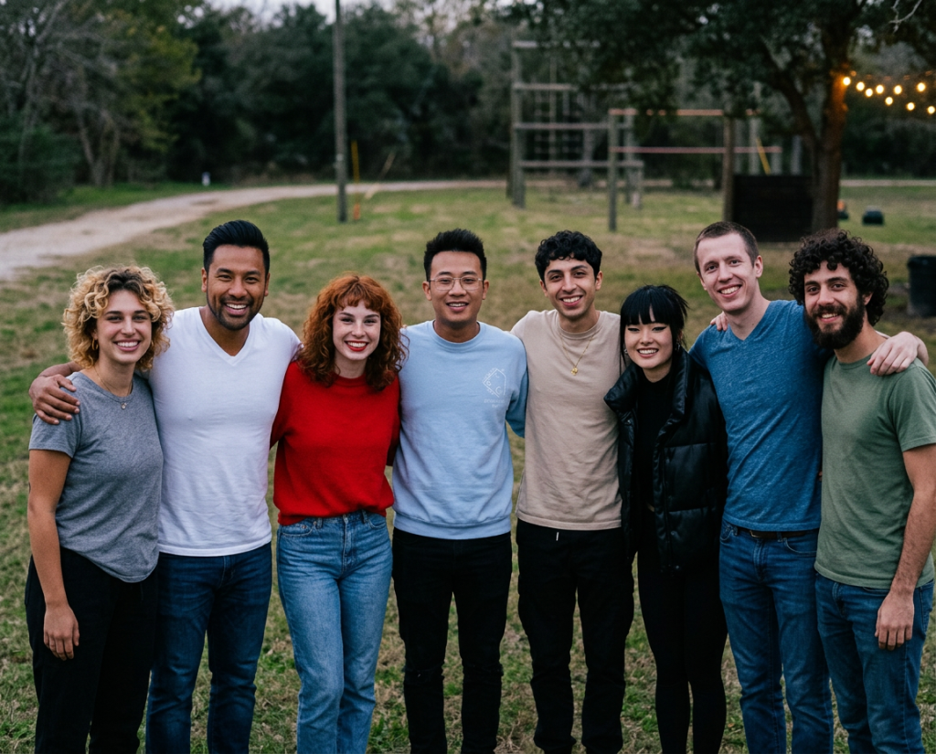 Group picture of our happy team with their arms around each other after a team-building event.