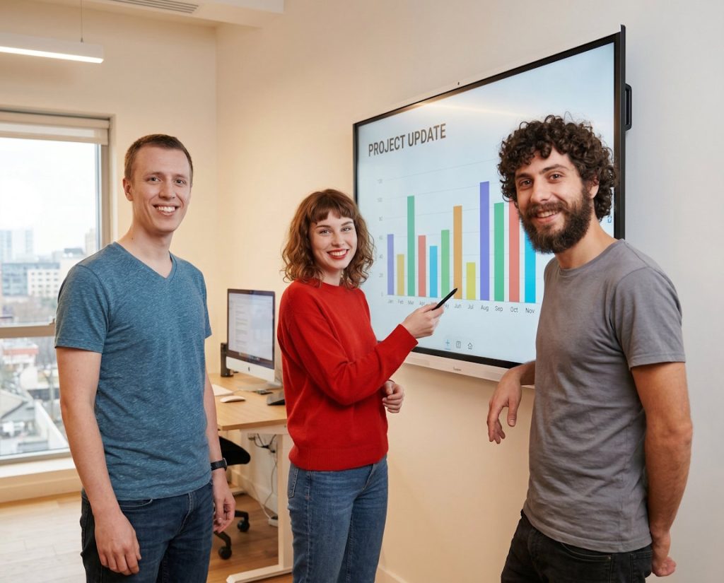 The team is discussing the project progress in the office, using a smart display.