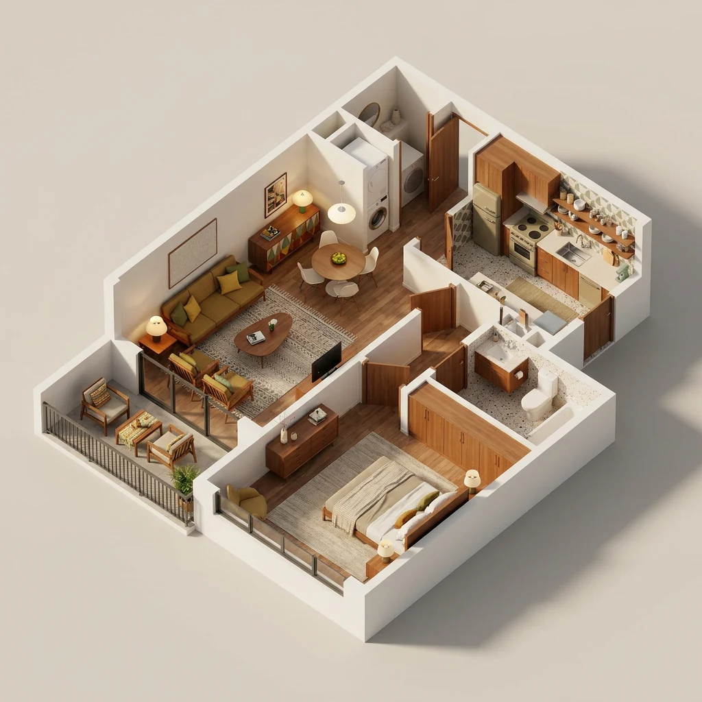 The same plan rebuilt as a furnished 3D isometric home