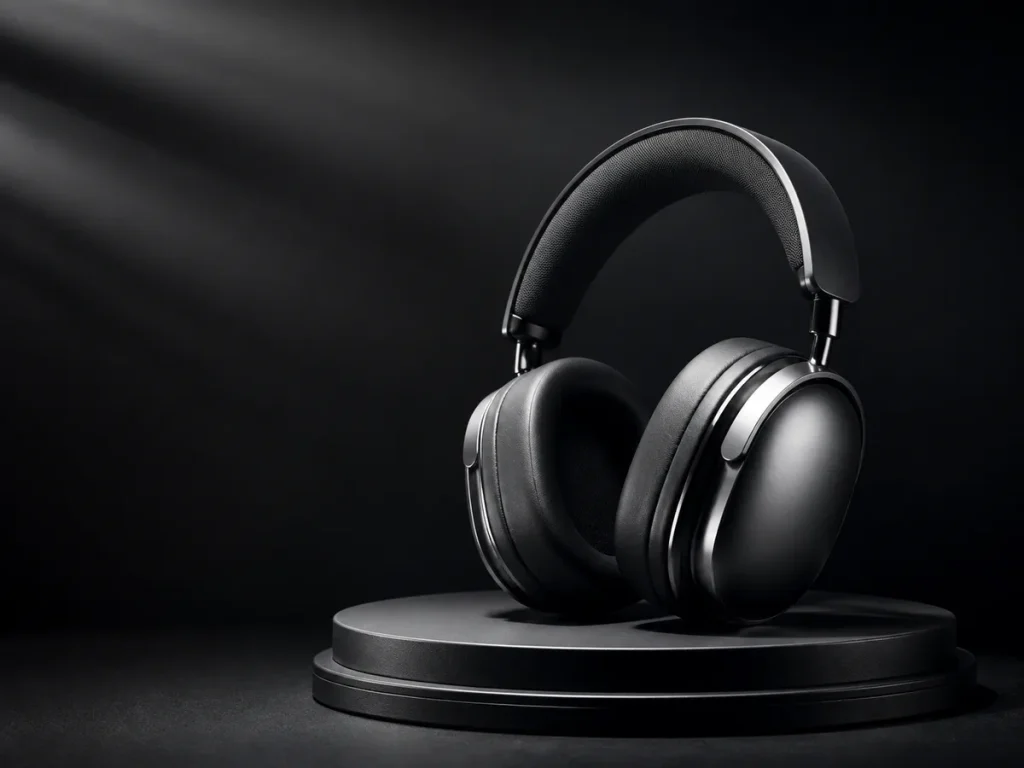 Product video concept for Grok Imagine featuring black headphones on a studio pedestal