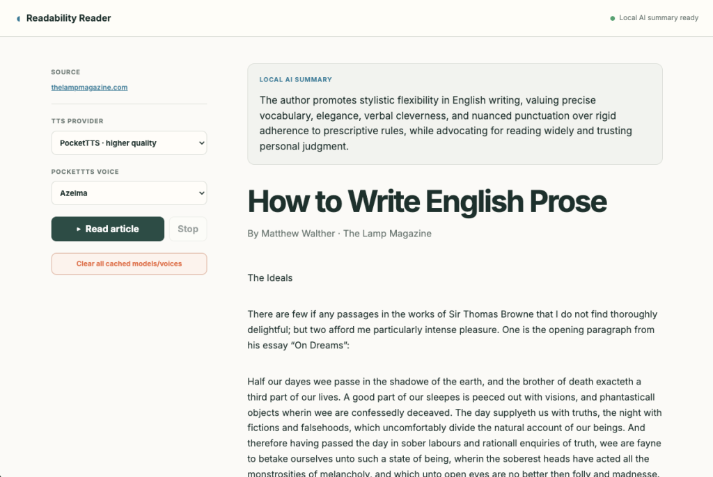 Readability Reader showing an extracted article, local AI summary, and text-to-speech controls