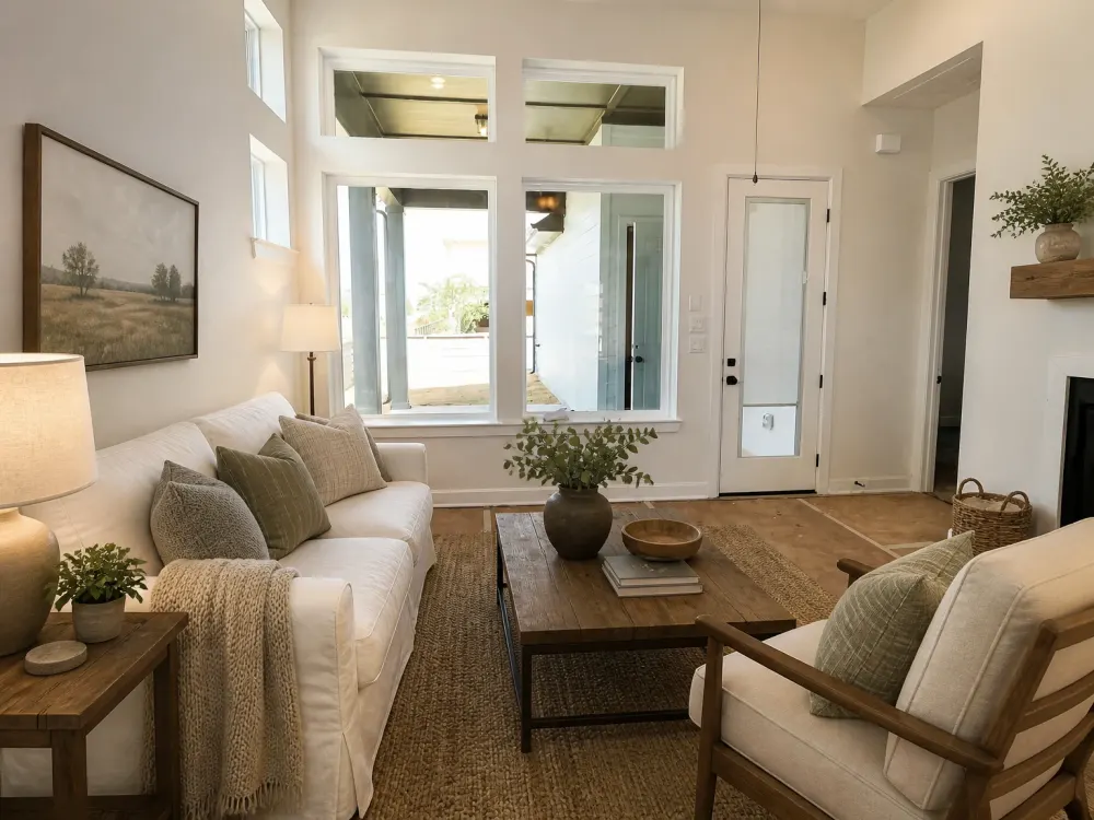 After: the same living room virtually staged with a white sofa, wooden coffee table, rug and lamps by Shhots AI Real Estate Studio