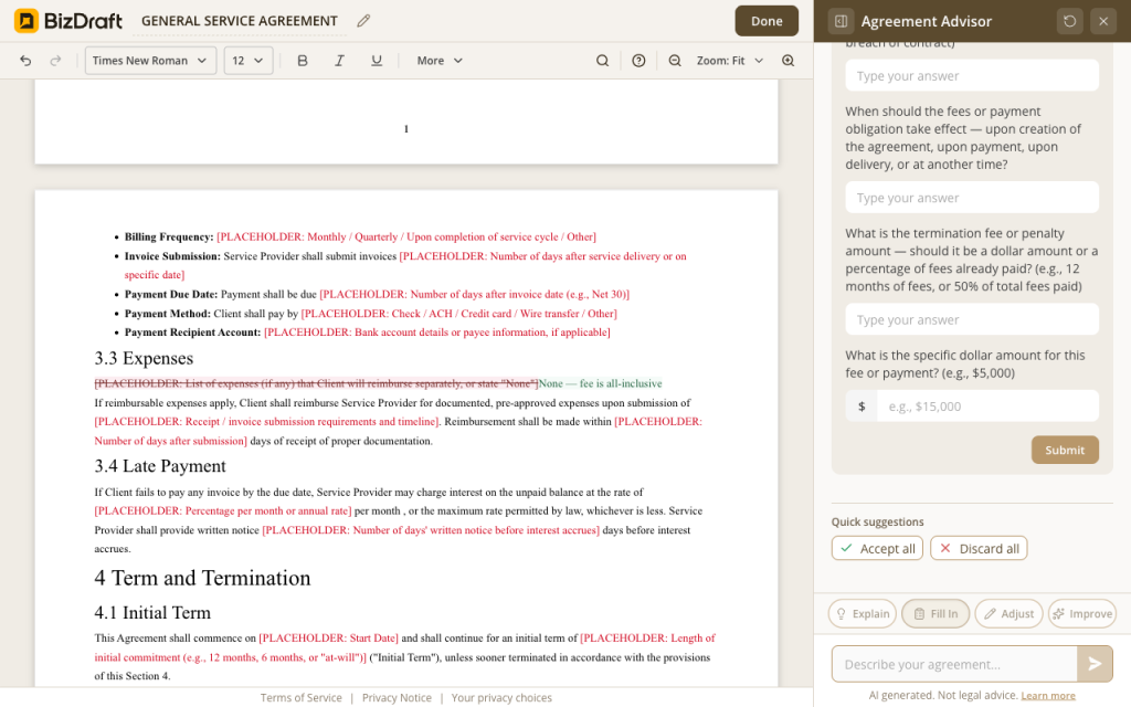 BizDraft editor mid-Fill-In: ten individual values rendered as suggested insertions in the editor, each with an inline Accept / Discard button pair, and Accept all / Discard all controls in the chat rail.