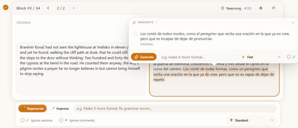 Transept editor showing sentence regeneration steered by glossary and styleguide