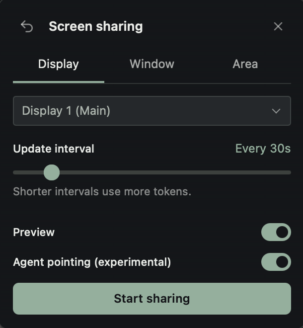 Screen sharing settings with display, window, and area-selection tabs, update interval, and preview toggle