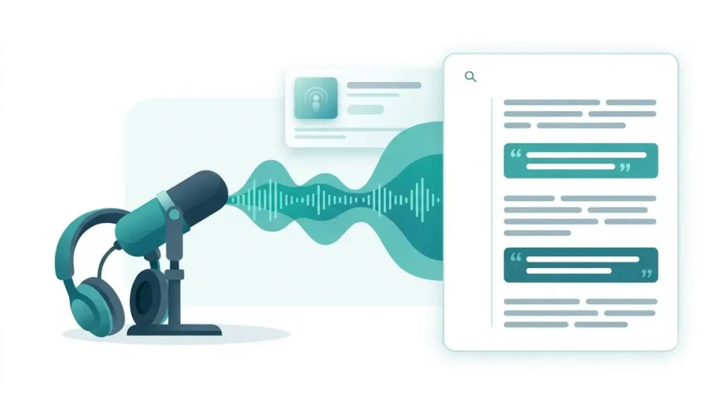 podcast waveform becoming a timestamped transcript.