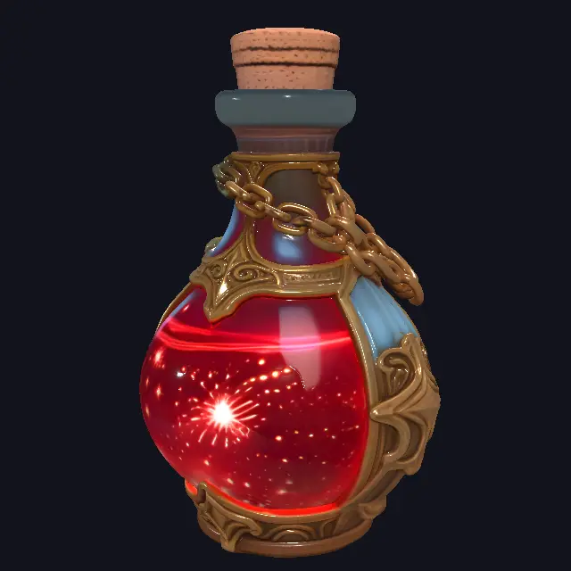 A fantasy health potion in an ornate glass flask, glowing crimson-red liquid wit