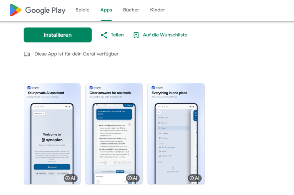 Synaplan Android app on Google Play, with screenshots of chat, knowledge, and channels