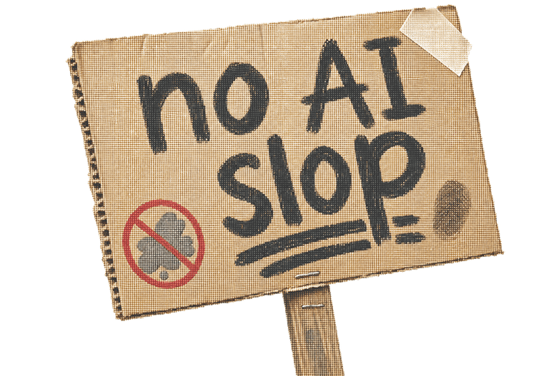 A hand-lettered cardboard sign reading 'no AI slop', with a crossed-out symbol