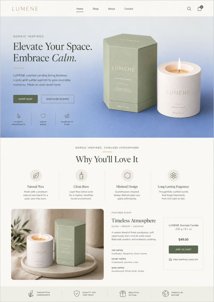 Lumene Candle Co. storefront homepage built by Runner AI