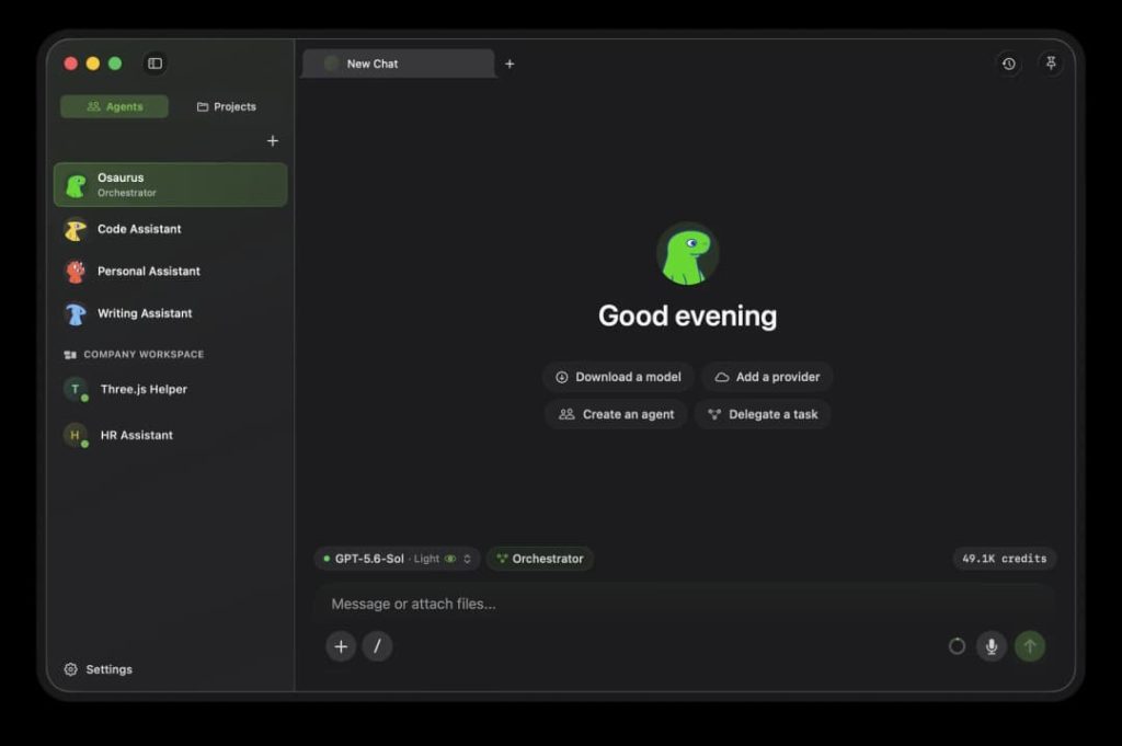 The Osaurus app on Mac, showing its agents sidebar and new chat screen in dark mode.