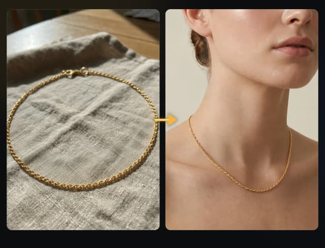 Nano Banana 2 jewelry try-on comparison from product photo to professional model studio photo