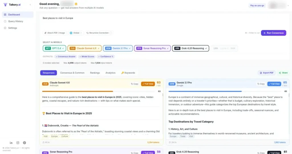 Talkory.ai showing 6 AI models answering the same question side-by-side