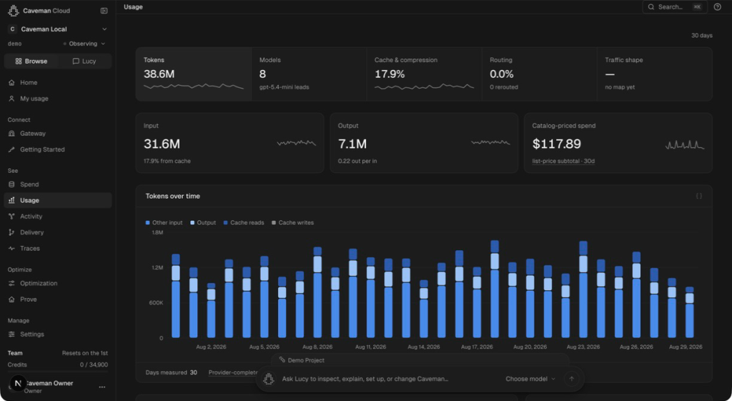 Caveman Cloud usage view — tokens, models, cache and compression share, and tokens over time, priced at public list