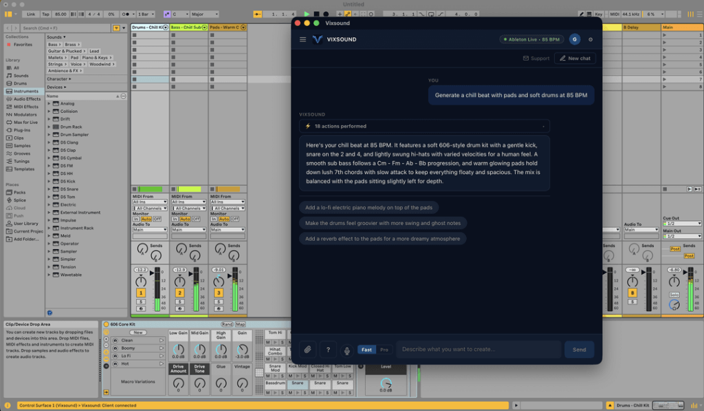 VIXSOUND chat panel inside Ableton Live, building a song from a prompt