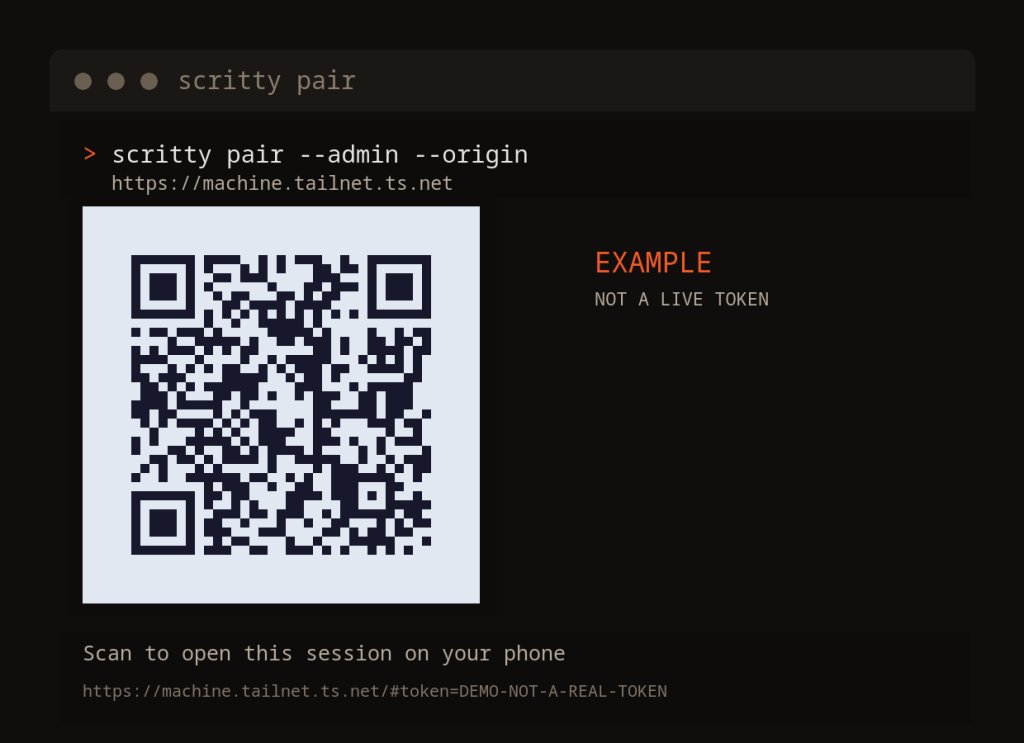 Example scritty pair --admin QR and https pairing URL with a #token fragment; not a live token