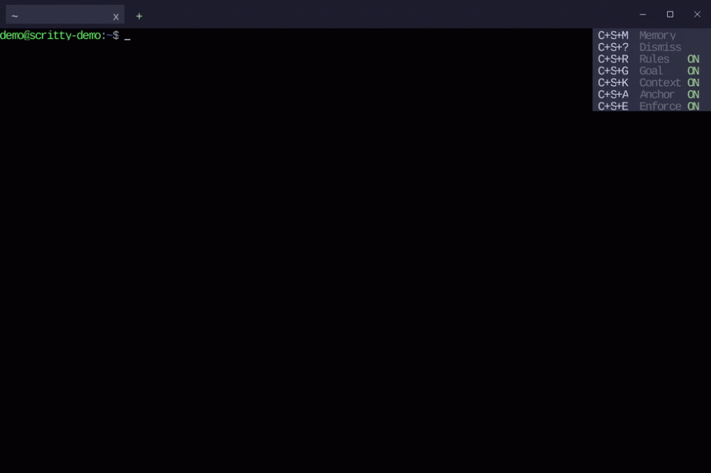 Ctrl+Shift+M opens scritty's memory panel, slash enters search, and an auth query returns ranked rows from two different agents' captured conversations -- a Copilot session asked to design auth for a Rust service and an Antigravity session asked to review a JWT design.