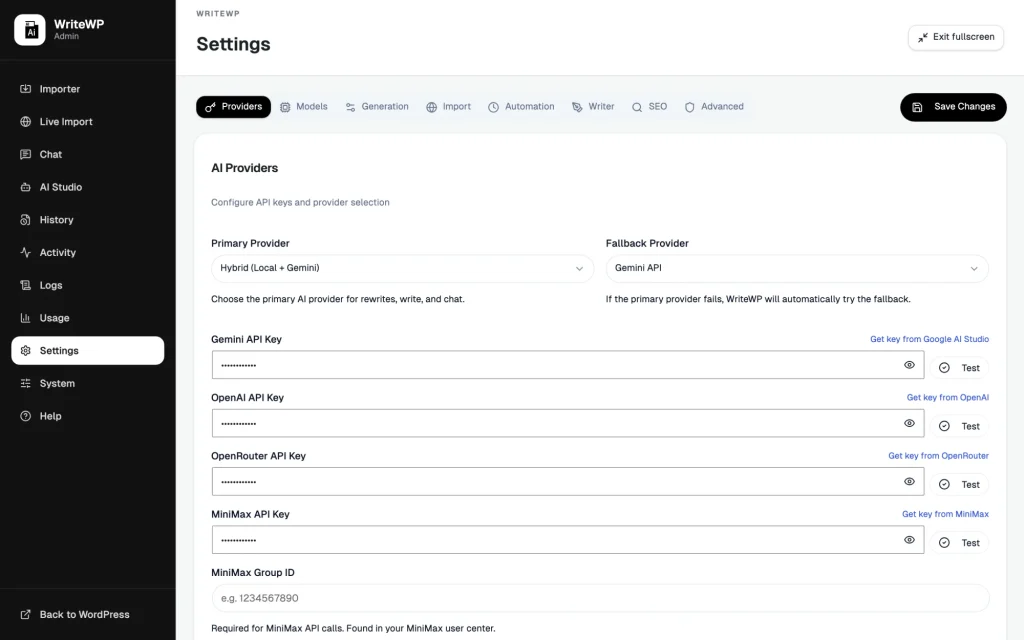 WriteWP Settings screen showing AI provider configuration with primary and fallback providers and encrypted API keys